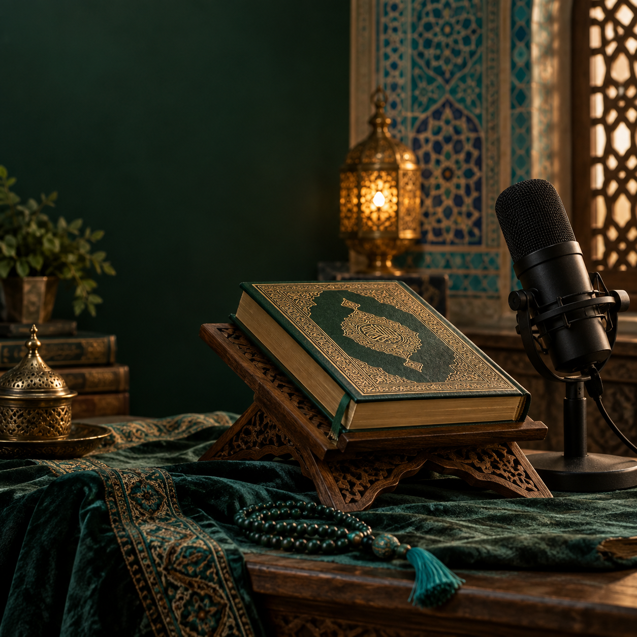 میکروفن و کتاب در فضای ضبط برنامه‌ی معارف