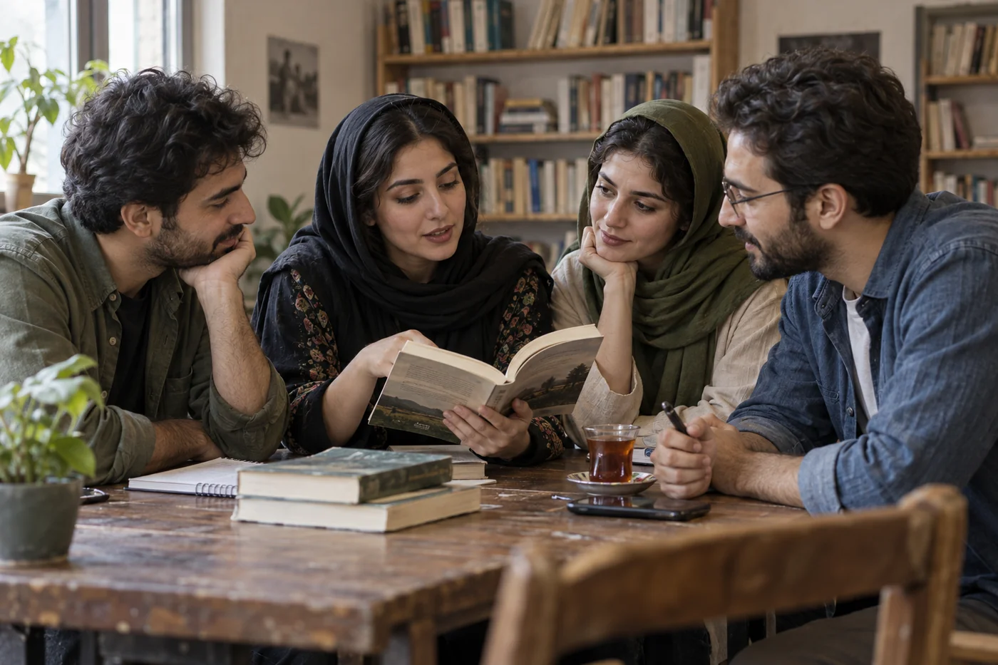 تصویر تولیدشده از یک جمع صمیمی در حال مطالعه و گفت‌وگو