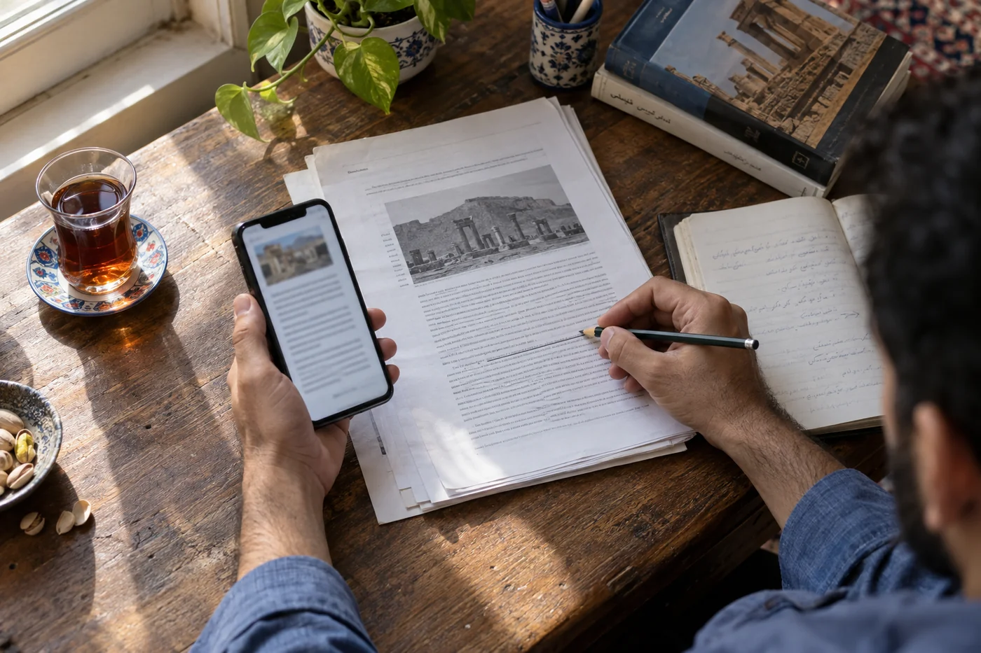 تصویرسازی کتابهای مطالعه، دفتر یادداشت و رحل در فضای آرام کتابخانه