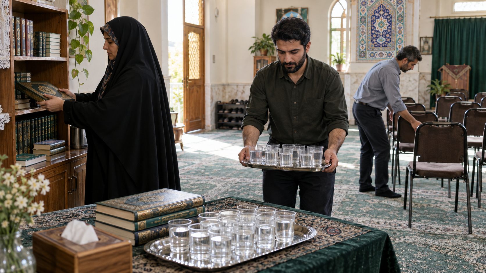 تصویرسازی خادمان مسجد در حال آماده‌سازی یک برنامه‌ی فرهنگی